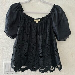 Moulinette Soeurs top blouse navy scalloped crochet boho puffy sleeve